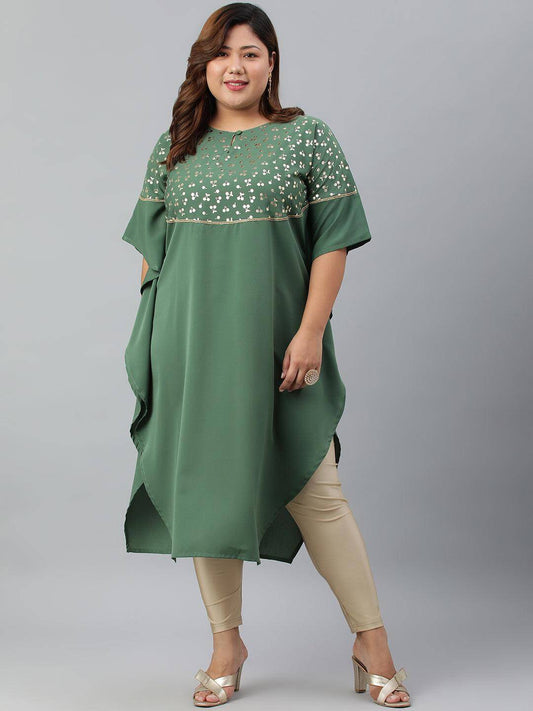 Plus Size Green Poly Crepe Foil Print Kaftan kurta