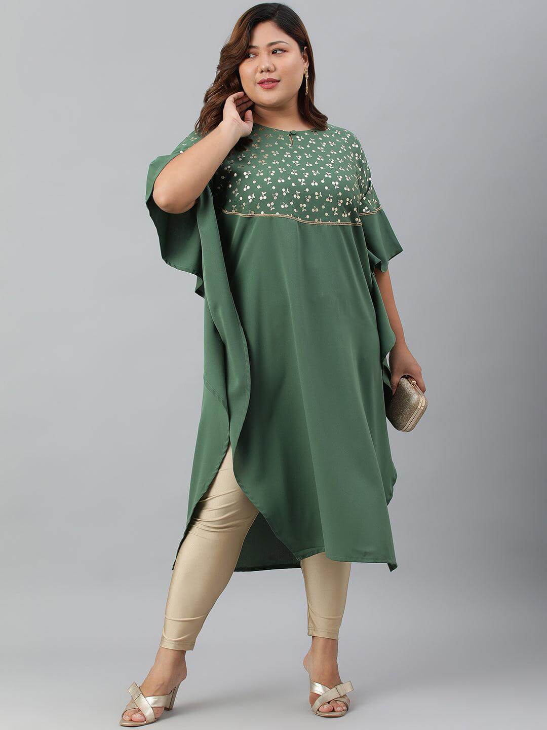 Plus Size Green Poly Crepe Foil Print Kaftan kurta