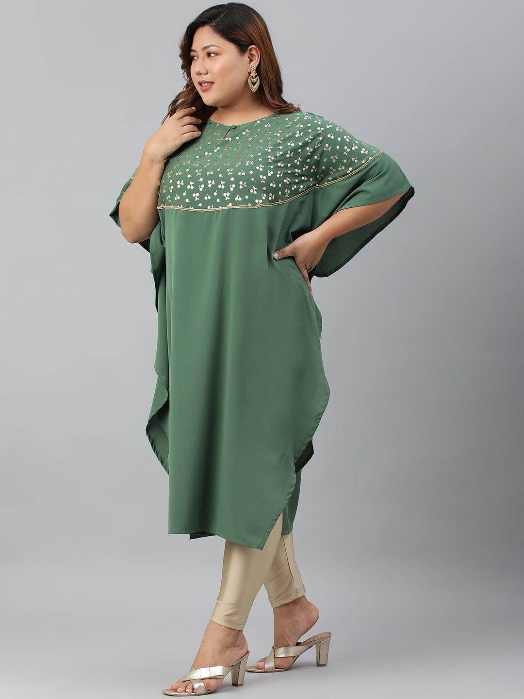 Plus Size Green Poly Crepe Foil Print Kaftan kurta