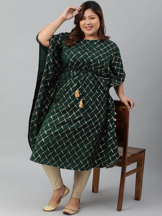 Plus Size Green Poly Crepe Checkered Kaftan kurta