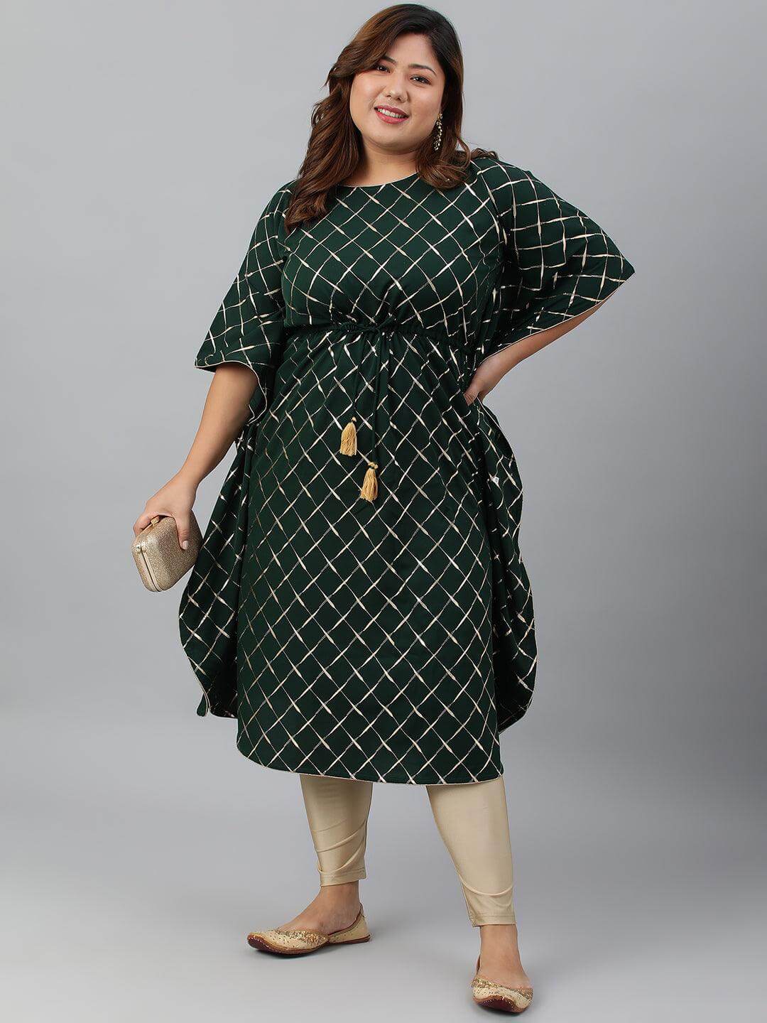 Plus Size Green Poly Crepe Checkered Kaftan kurta