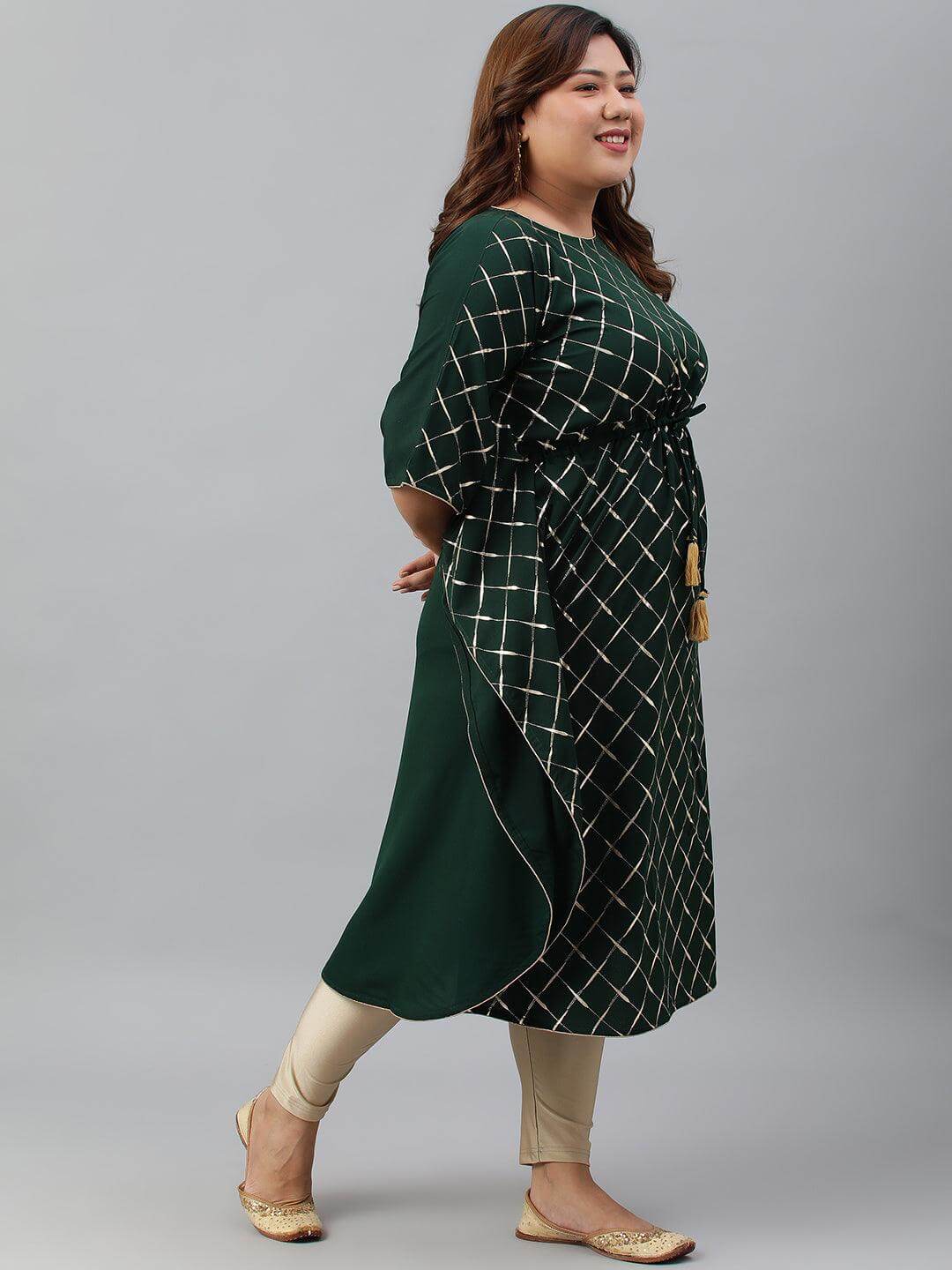 Plus Size Green Poly Crepe Checkered Kaftan kurta