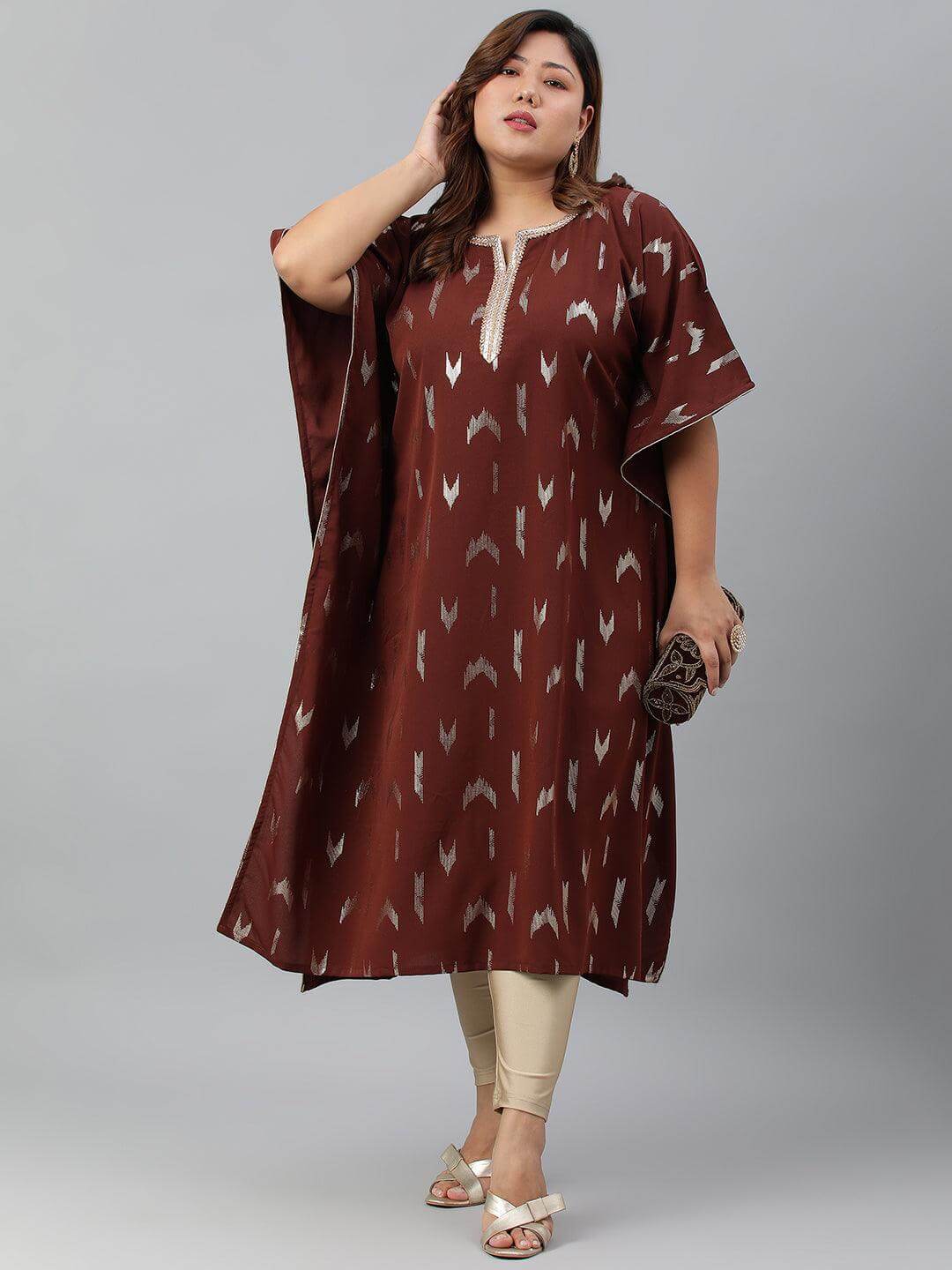 Plus Size Brown Poly Crepe Geometric Print Kaftan kurta