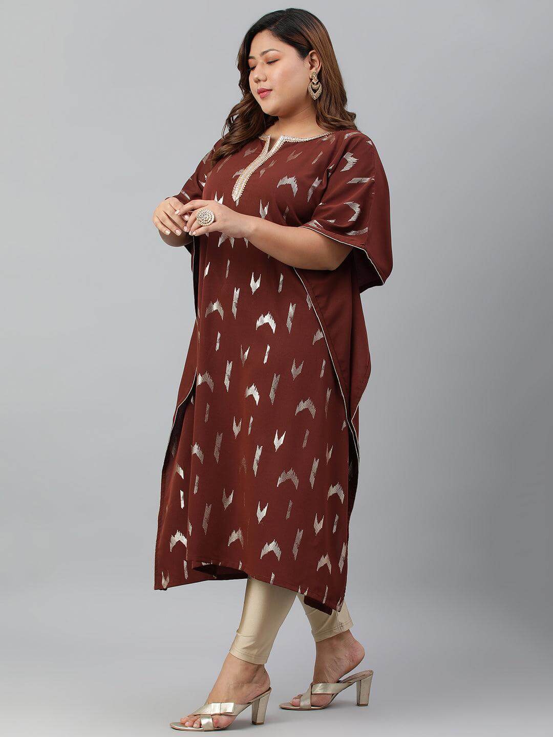 Plus Size Brown Poly Crepe Geometric Print Kaftan kurta