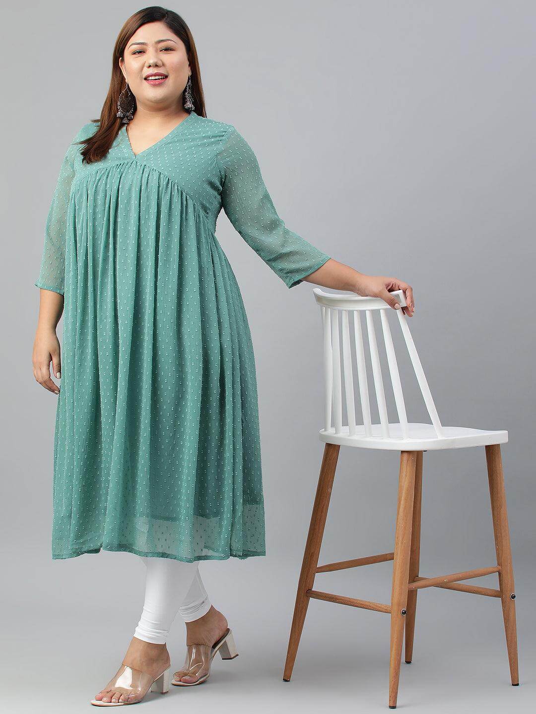 Plus Size Green Poly Chiffon Self Design Flared kurta