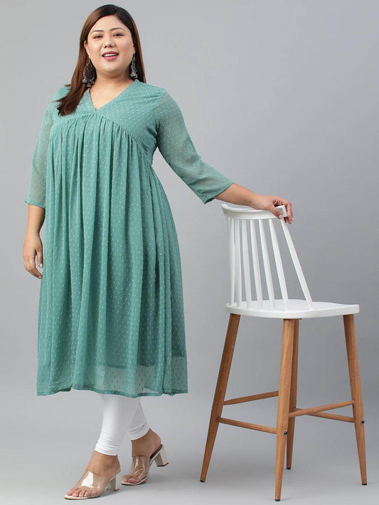 Plus Size Green Poly Chiffon Self Design Flared kurta