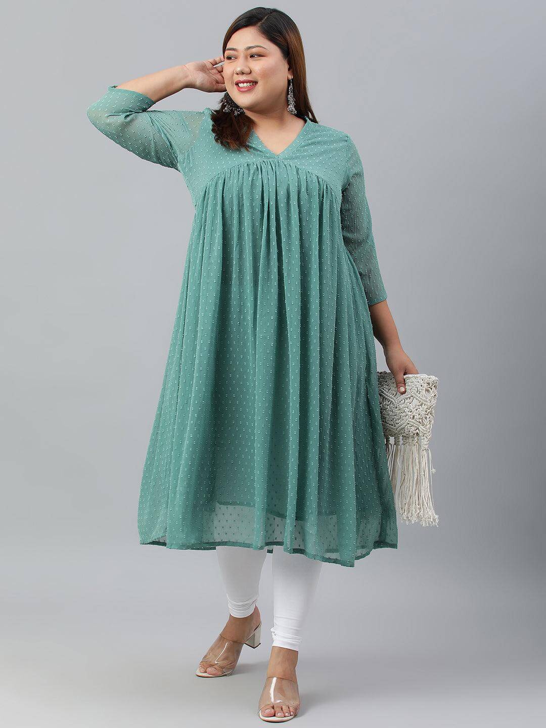 Plus Size Green Poly Chiffon Self Design Flared kurta