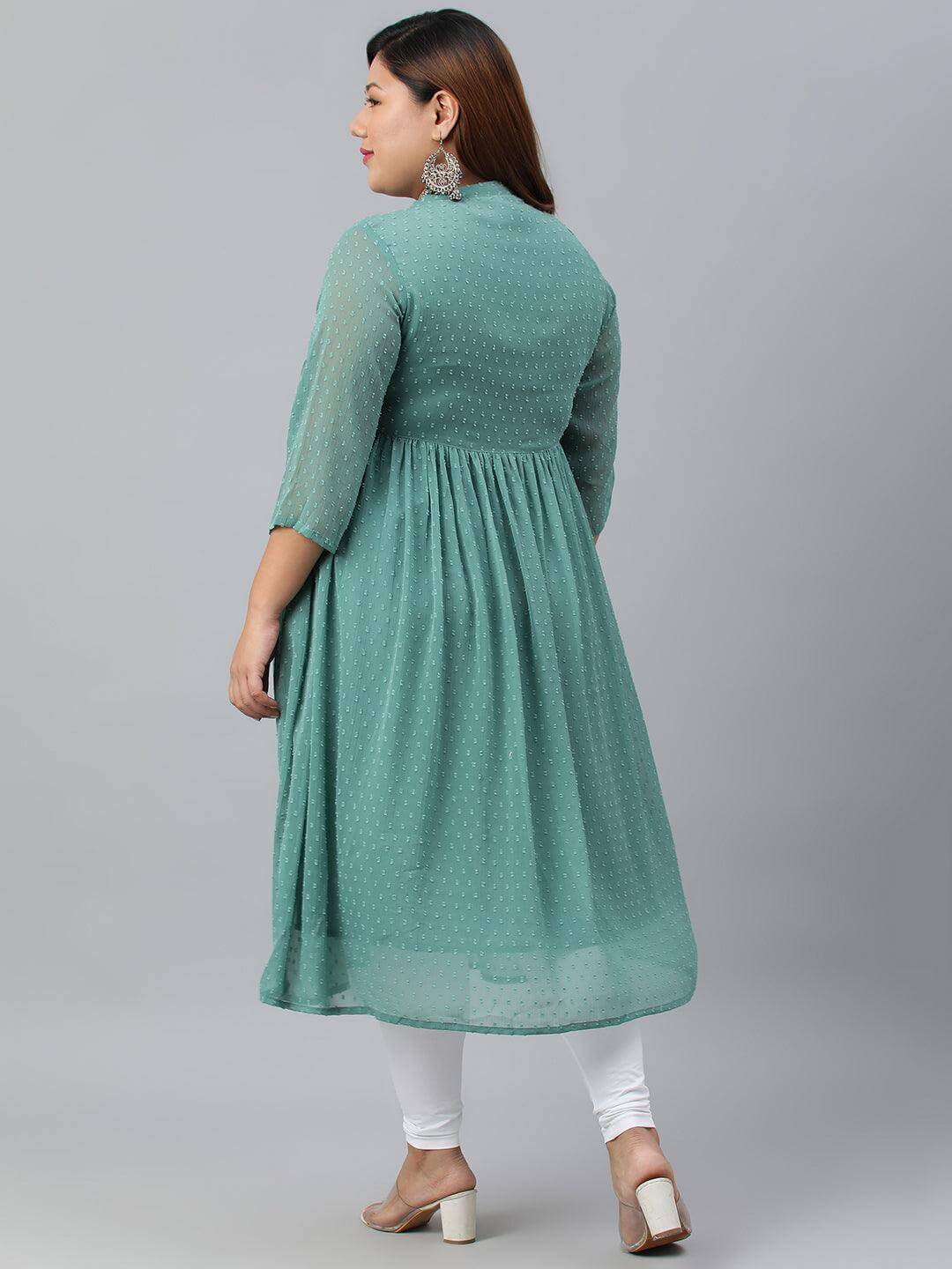 Plus Size Green Poly Chiffon Self Design Flared kurta