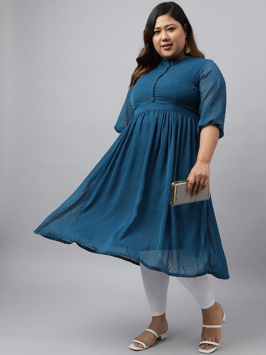 Women's Plus Size Teal Poly Chiffon Self Design Flared kurta