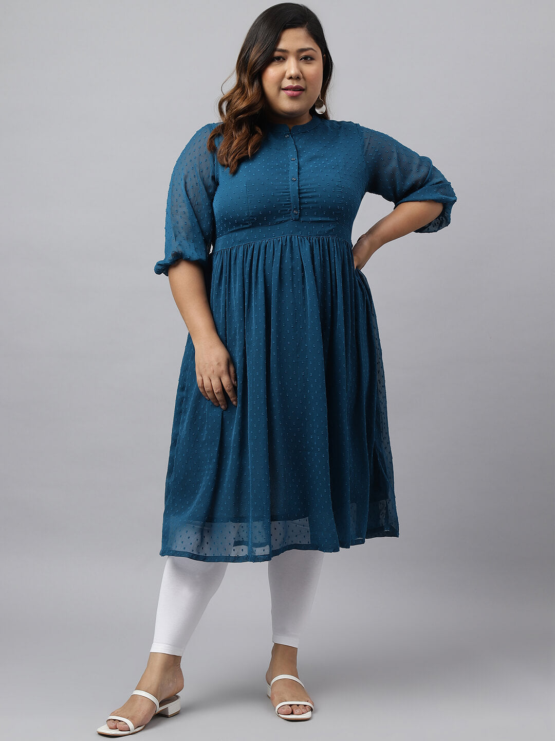 Women's Plus Size Teal Poly Chiffon Self Design Flared kurta