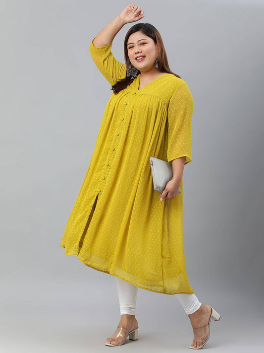 Plus Size Mustard Poly Chiffon Self Design Flared kurta