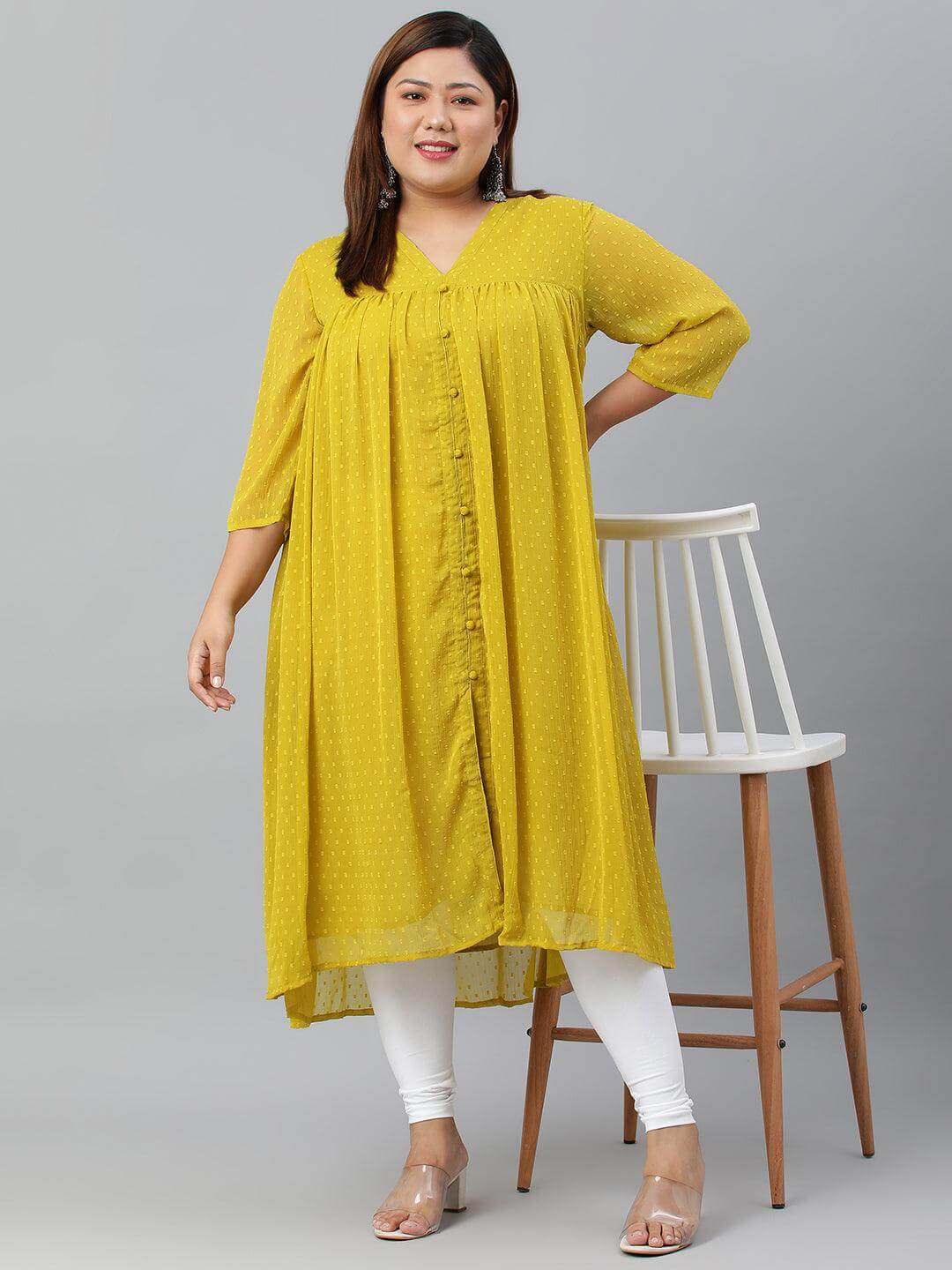 Plus Size Mustard Poly Chiffon Self Design Flared kurta