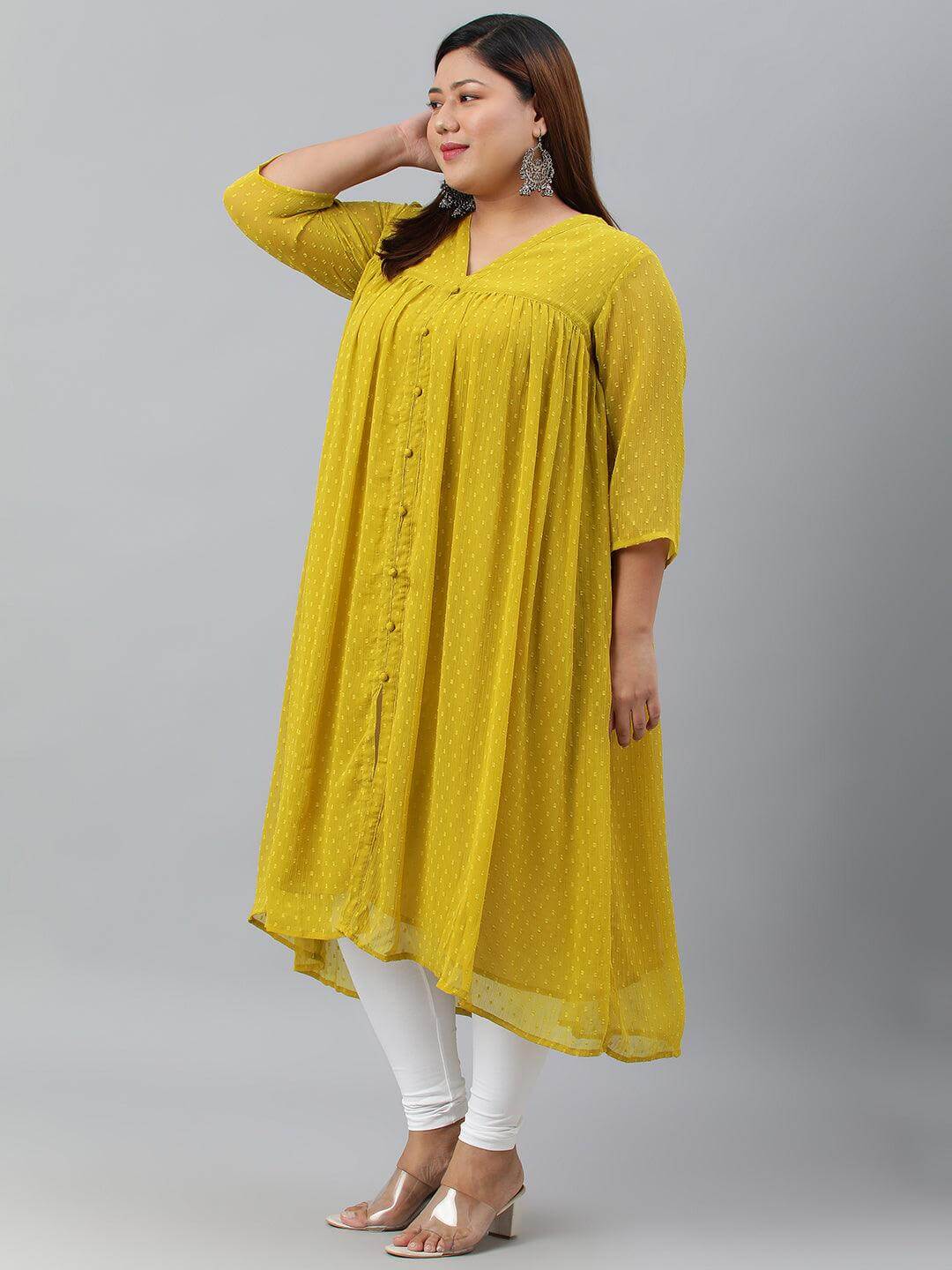 Plus Size Mustard Poly Chiffon Self Design Flared kurta