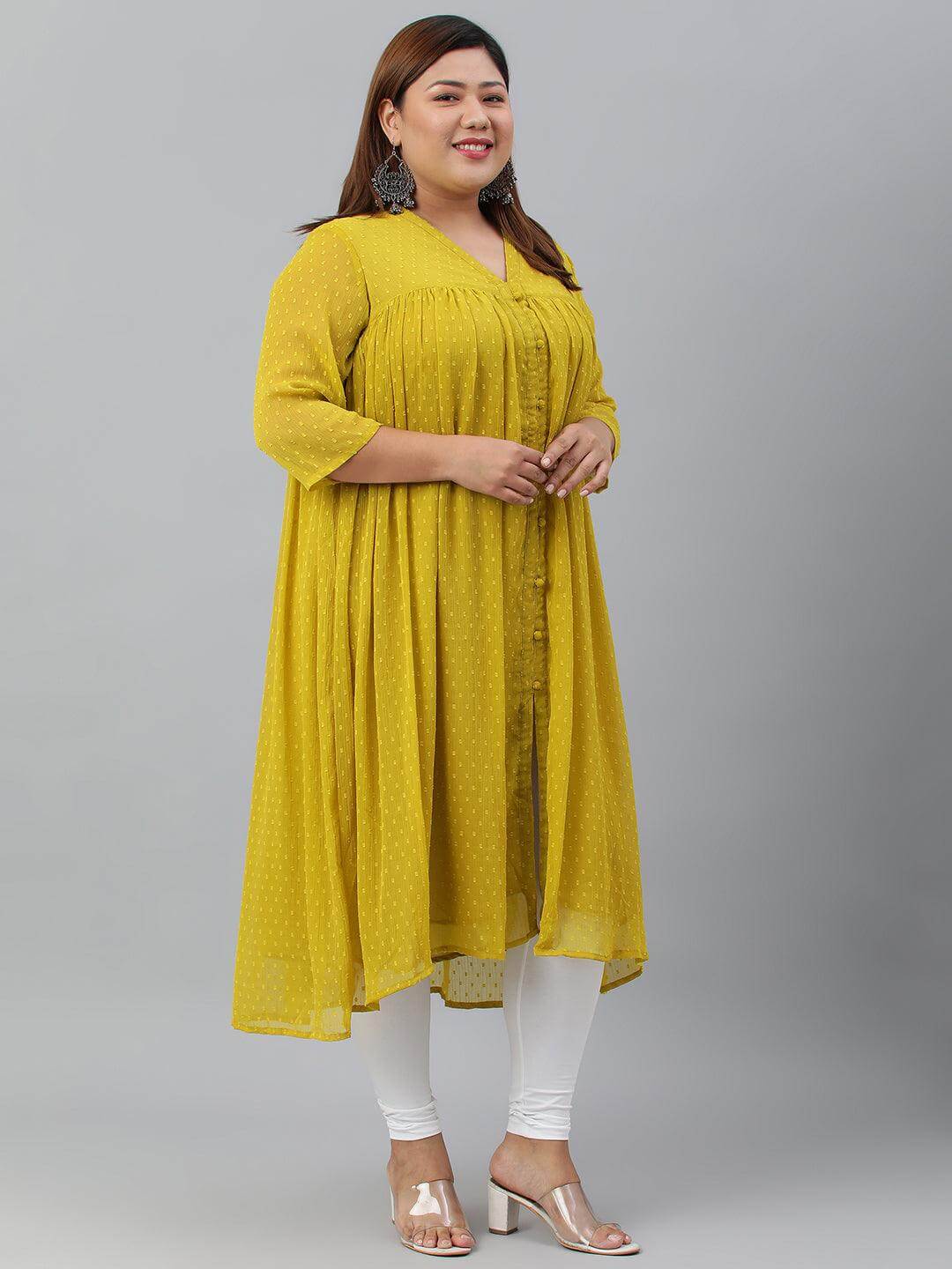 Plus Size Mustard Poly Chiffon Self Design Flared kurta