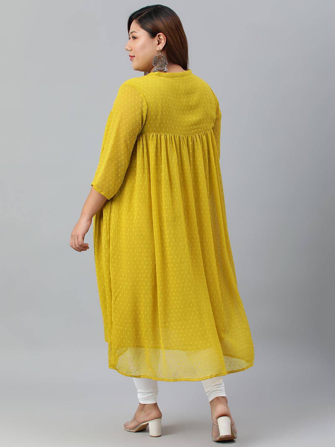 Plus Size Mustard Poly Chiffon Self Design Flared kurta