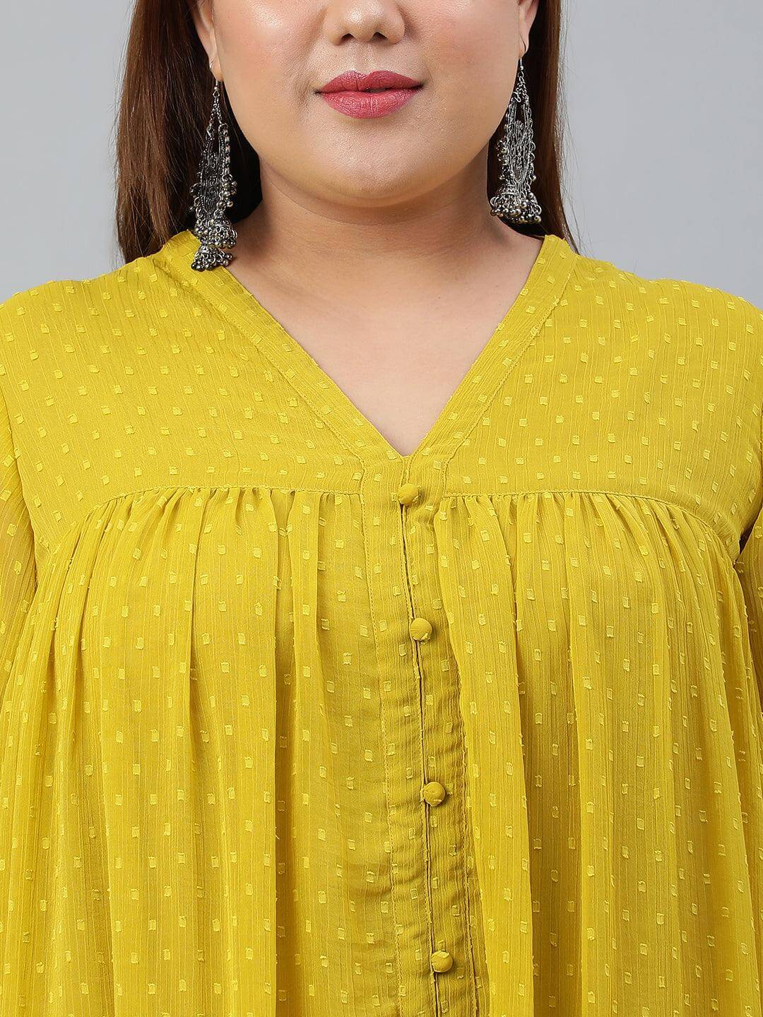 Plus Size Mustard Poly Chiffon Self Design Flared kurta