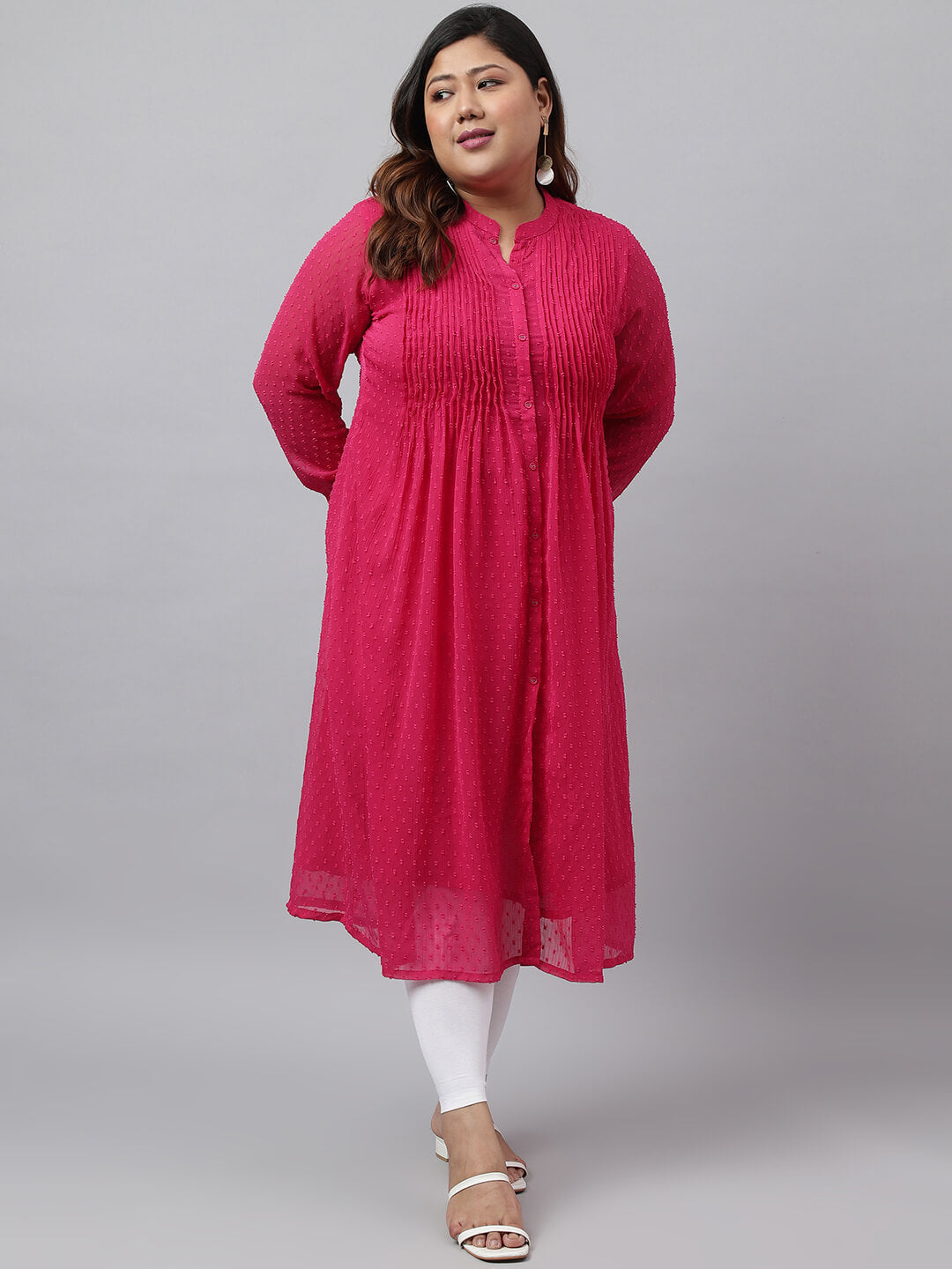 XL LOVE by Janasya Women's Plus Size Pink Poly Chiffon Dobby Frontslit kurta