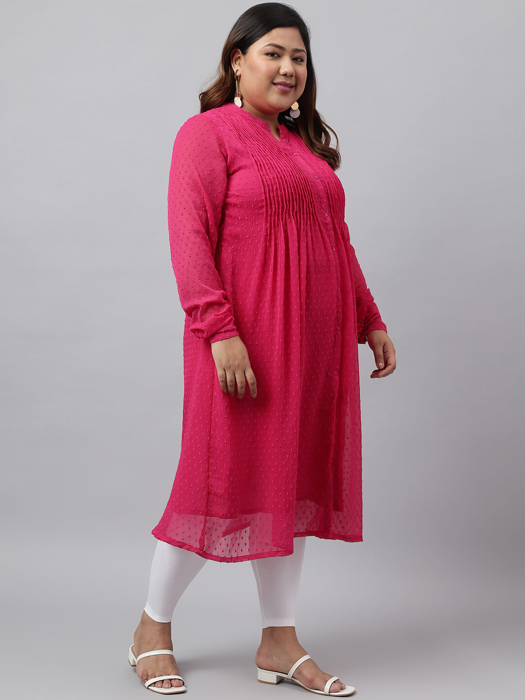 XL LOVE by Janasya Women's Plus Size Pink Poly Chiffon Dobby Frontslit kurta