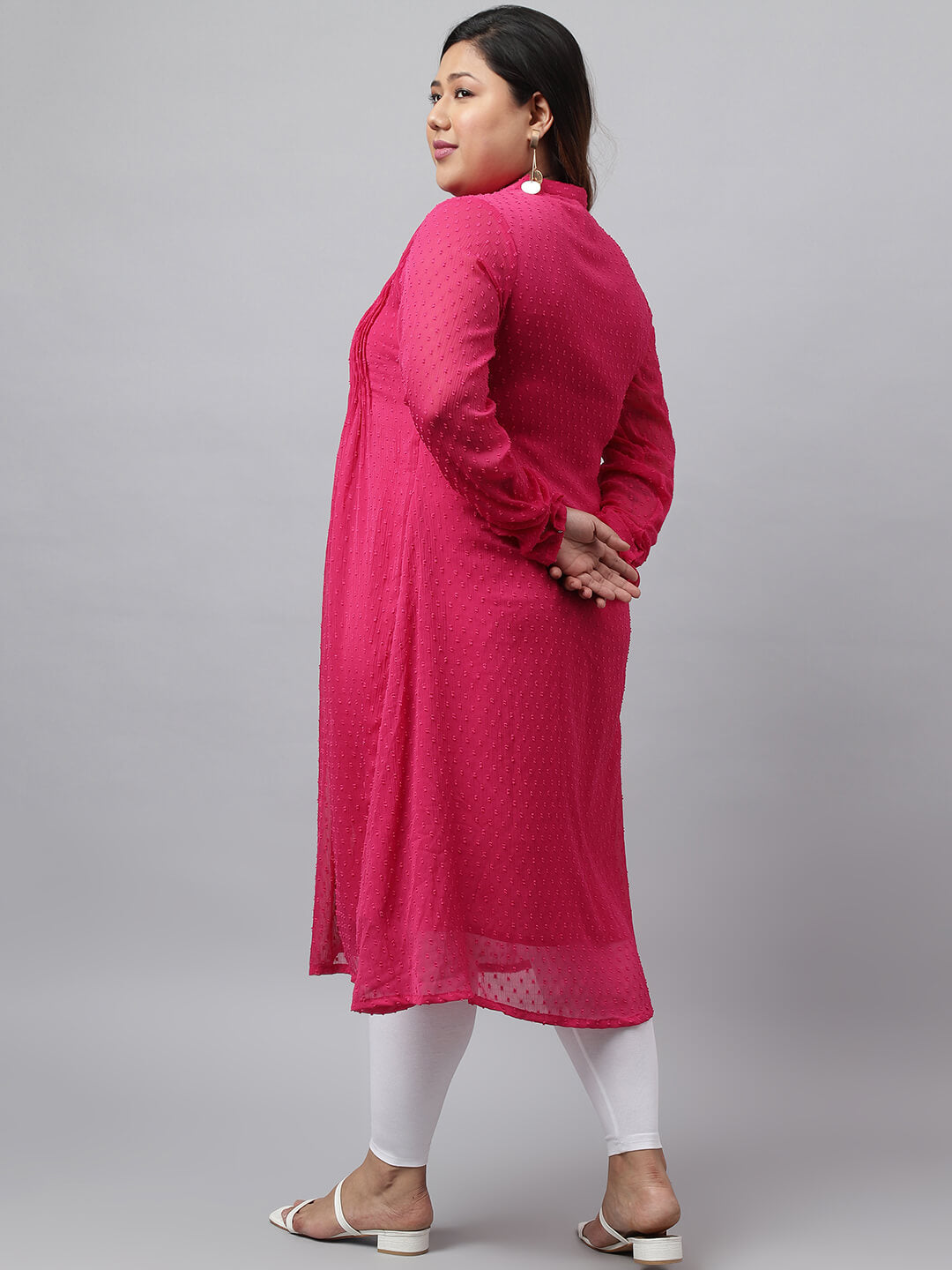 XL LOVE by Janasya Women's Plus Size Pink Poly Chiffon Dobby Frontslit kurta