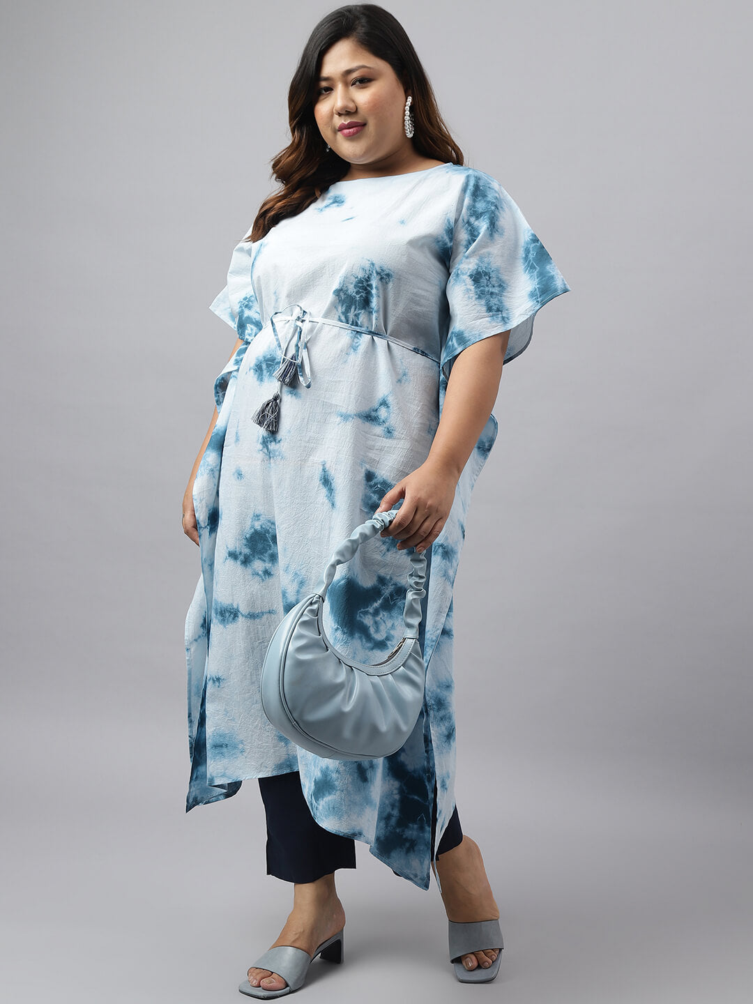 Women's Plus Size Sky Blue Cotton Tie-Dye Kaftan kurta