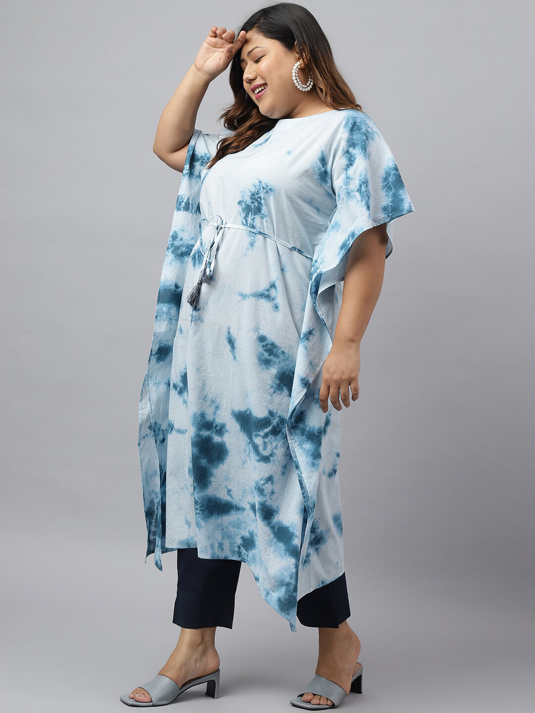 Women's Plus Size Sky Blue Cotton Tie-Dye Kaftan kurta