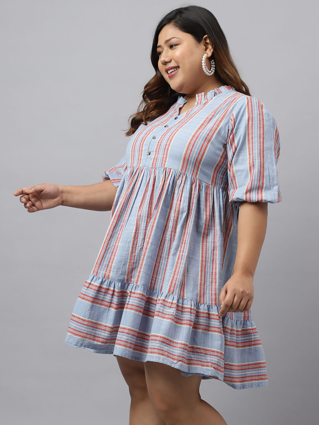 Women's Blue Cotton Blend Striped Flared Ethnic Dress