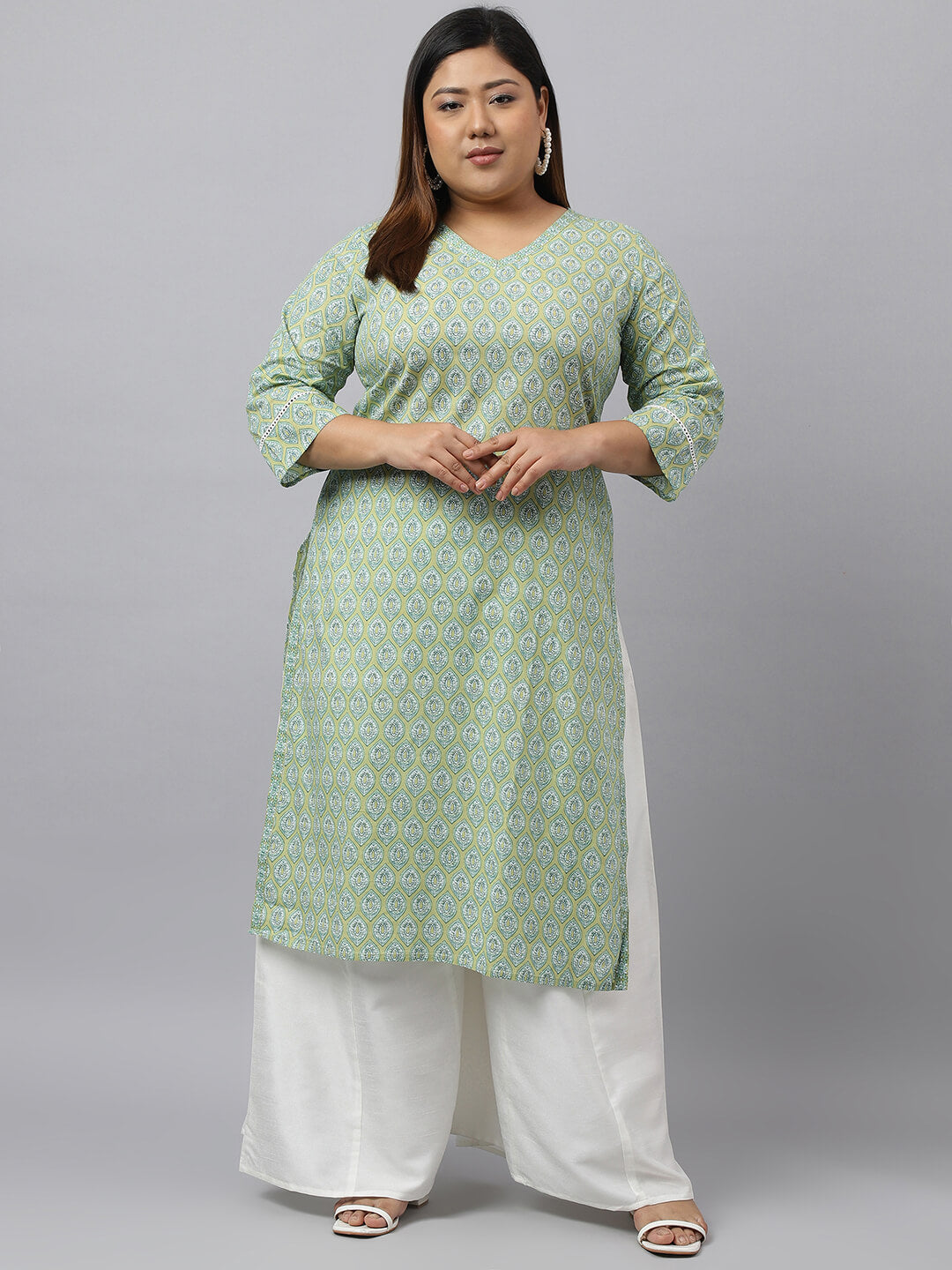 XL LOVE by Janasya Women's Plus Size Beige Green Cotton Ethnic Motifs Printed Straight kurta