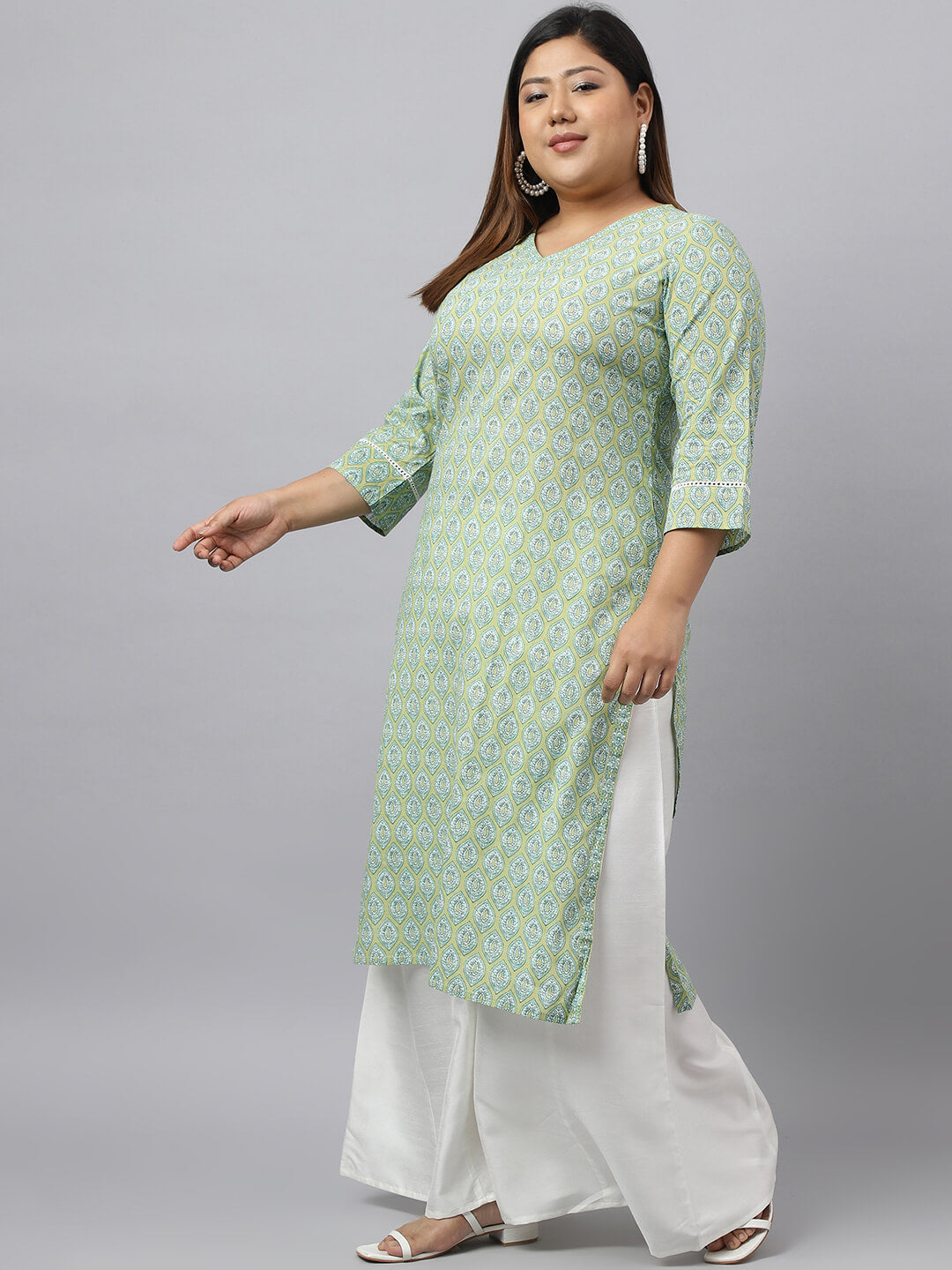 XL LOVE by Janasya Women's Plus Size Beige Green Cotton Ethnic Motifs Printed Straight kurta