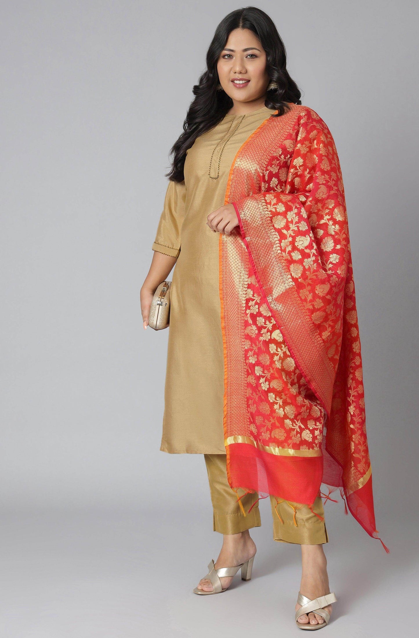 Plus Size Gold Poly Silk Kurta With Pant and Dupatta