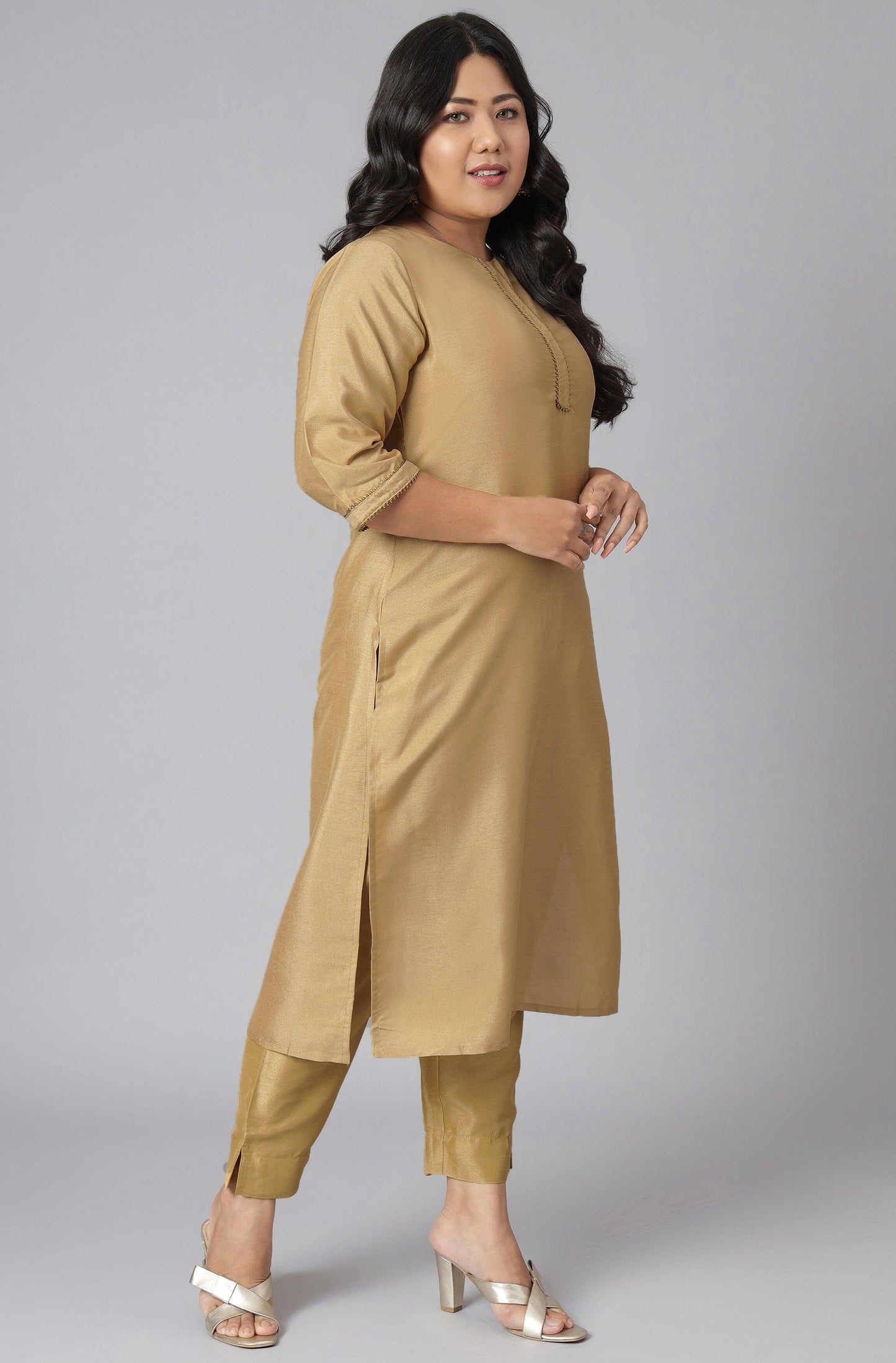 Plus Size Gold Poly Silk Kurta With Pant and Dupatta