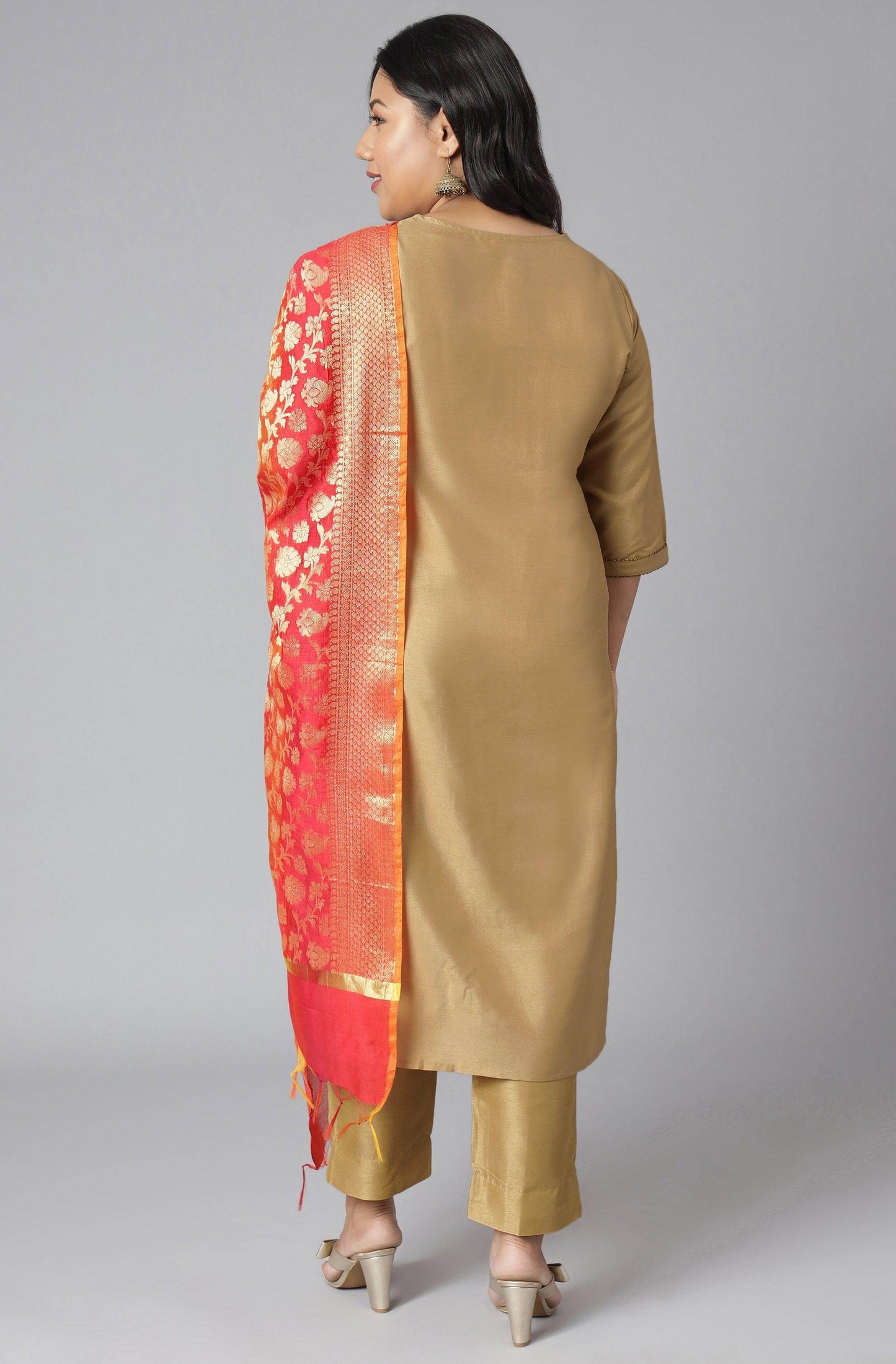 Plus Size Gold Poly Silk Kurta With Pant and Dupatta