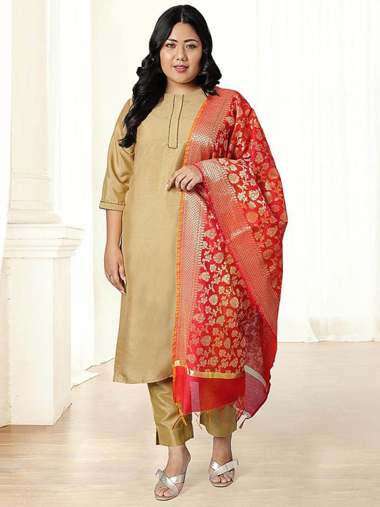 Plus Size Gold Poly Silk Kurta With Pant and Dupatta