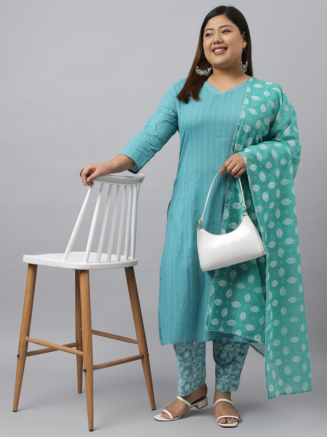 Women's Plus Size Turquoise Cotton Kurta With Pant and Dupatta