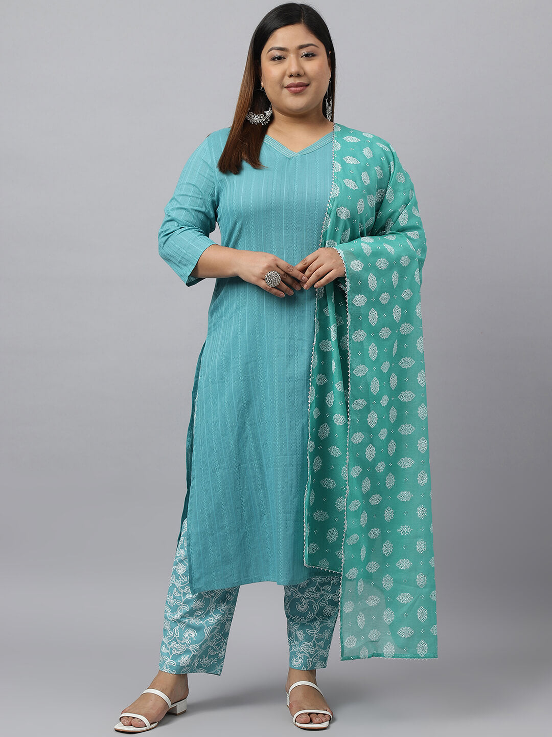 Women's Plus Size Turquoise Cotton Kurta With Pant and Dupatta