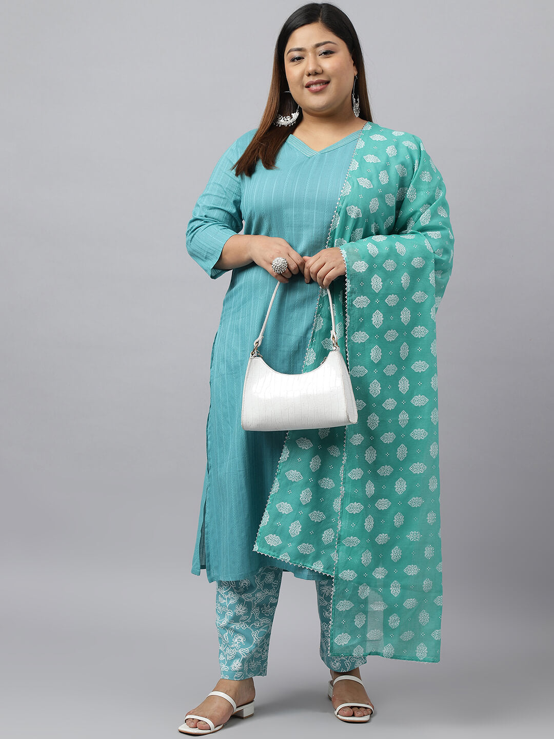 Women's Plus Size Turquoise Cotton Kurta With Pant and Dupatta