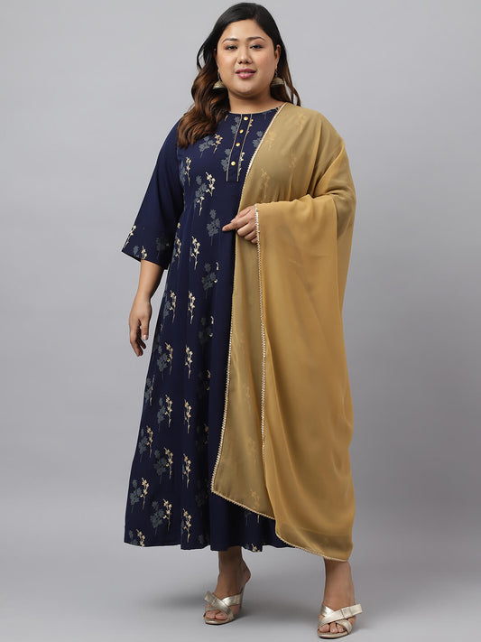 XL LOVE by Janasya Women's Navy Blue Poly Crepe Floral Print Kurta with Dupatta