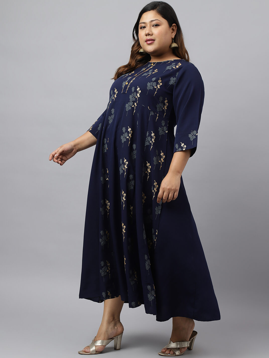 XL LOVE by Janasya Women's Navy Blue Poly Crepe Floral Print Kurta with Dupatta