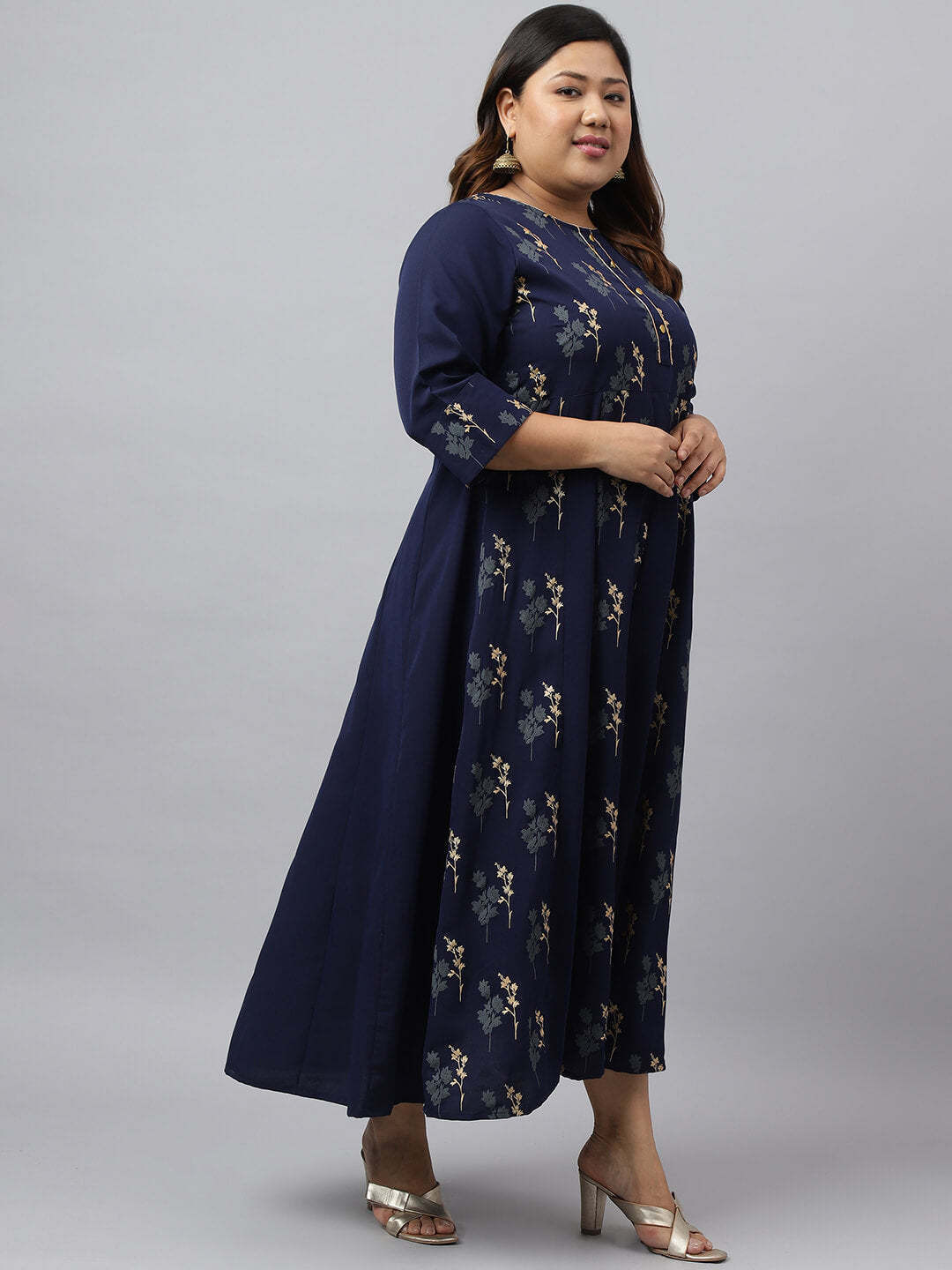 XL LOVE by Janasya Women's Navy Blue Poly Crepe Floral Print Kurta with Dupatta