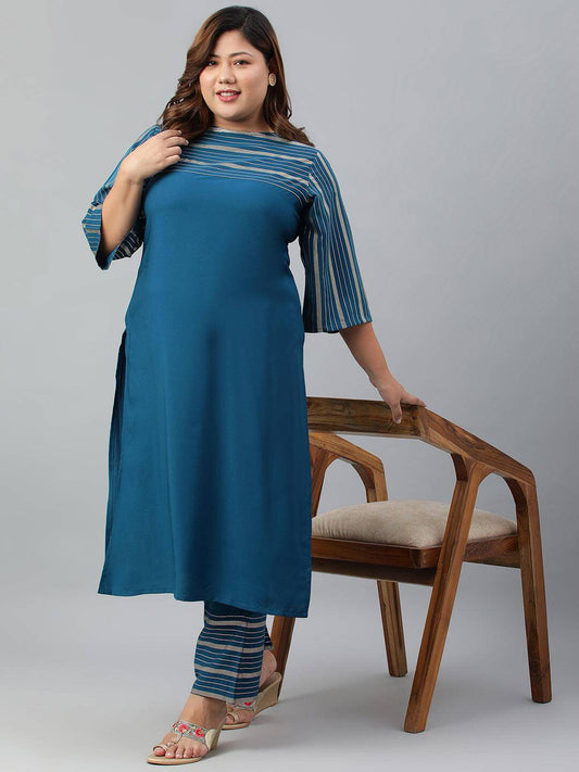 Plus Size Teal Poly Crepe Kurta With Palazzo