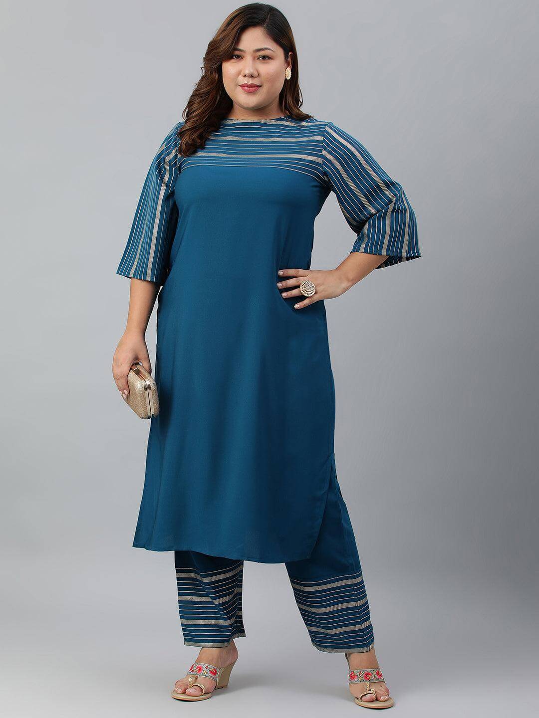 Plus Size Teal Poly Crepe Kurta With Palazzo