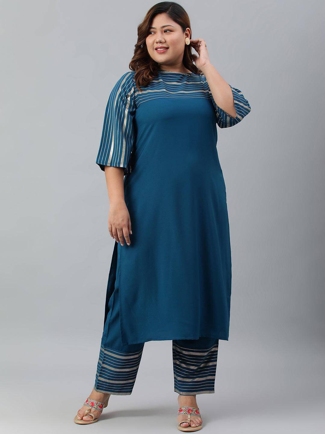 Plus Size Teal Poly Crepe Kurta With Palazzo