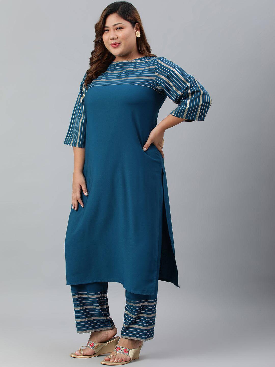 Plus Size Teal Poly Crepe Kurta With Palazzo