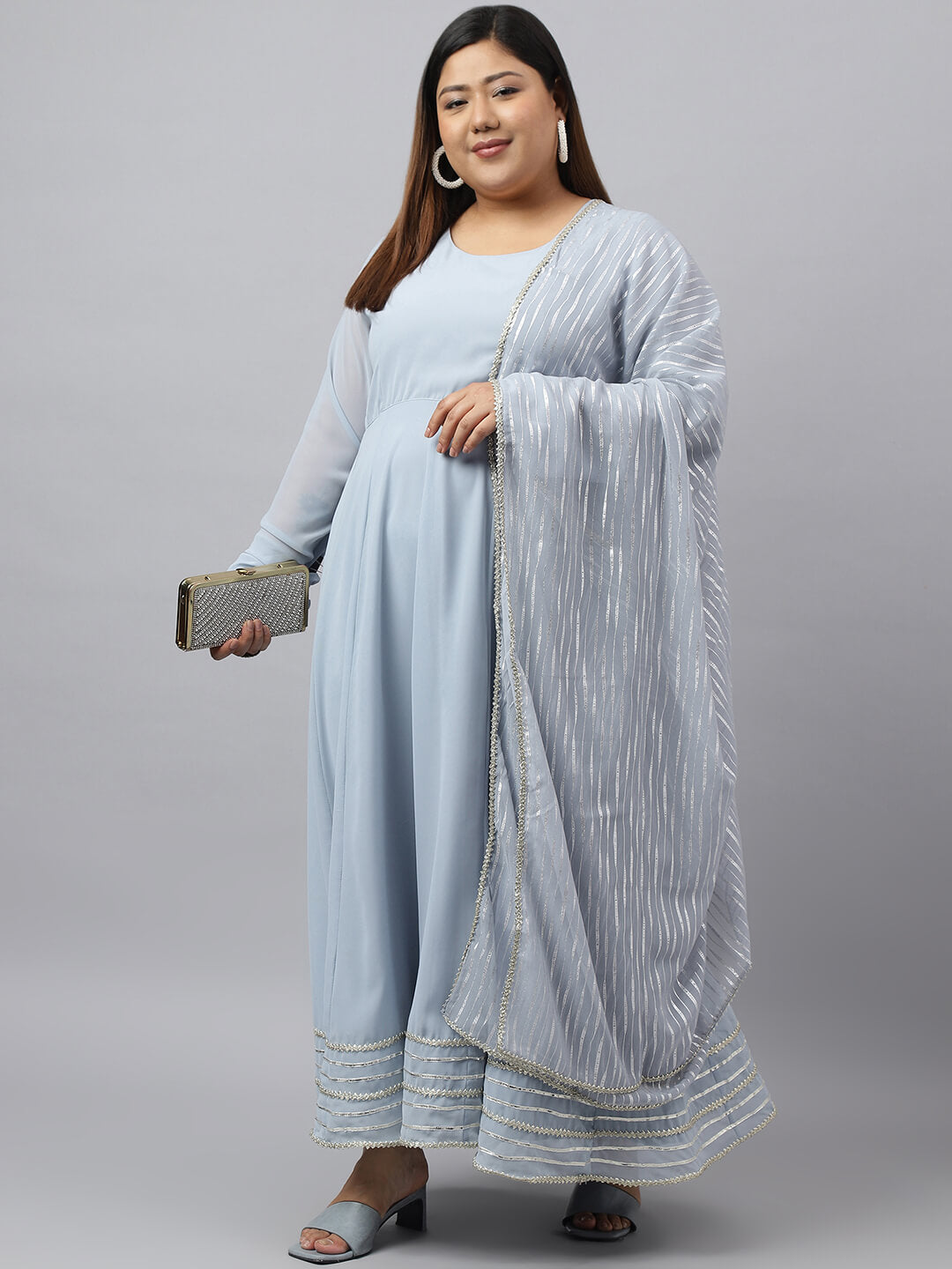 XL LOVE by Janasya Women's Plus Size Grey Poly Georgette Kurta and Dupatta