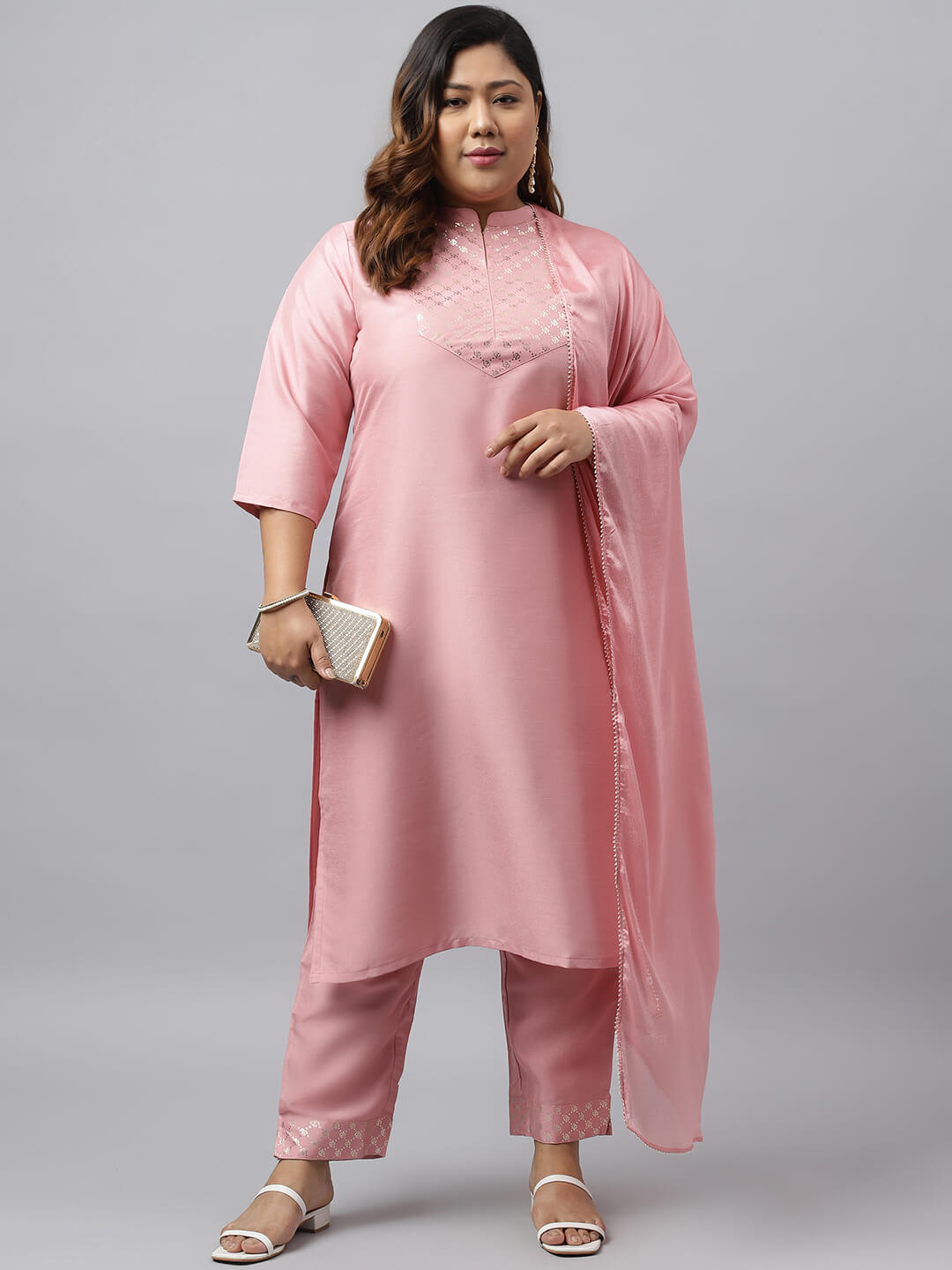 Women's Plus Size Pink Poly Silk Kurta With Pant and Dupatt