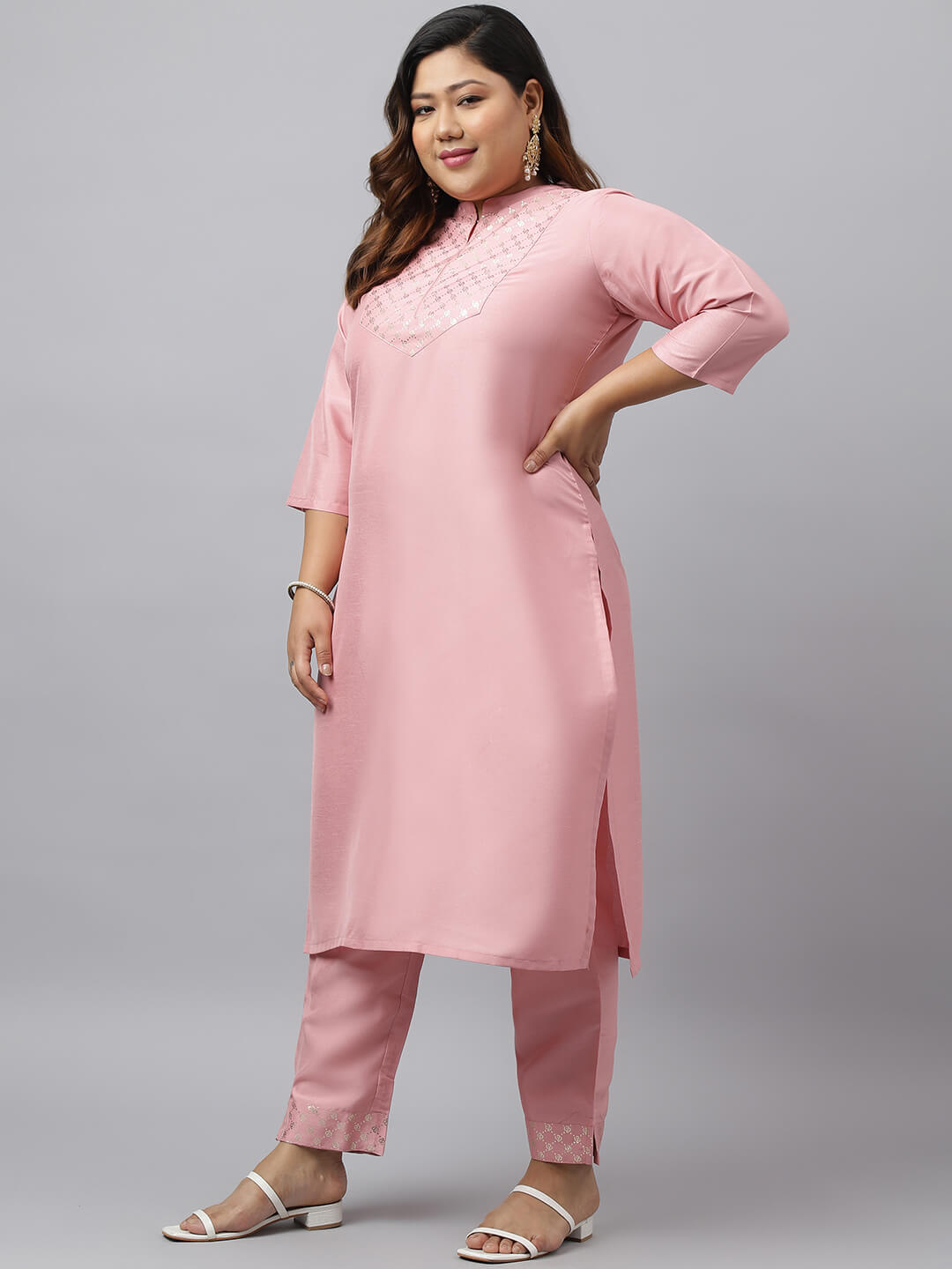 Women's Plus Size Pink Poly Silk Kurta With Pant and Dupatt