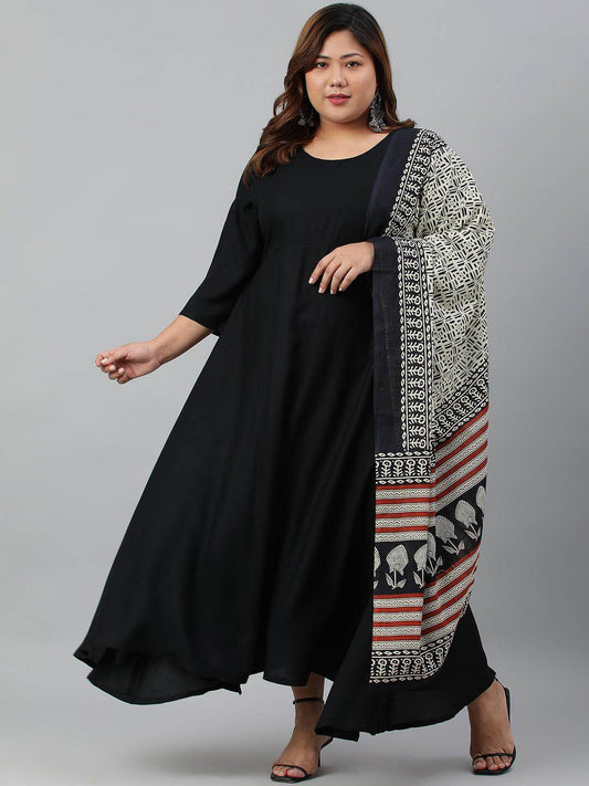 Plus Size Black Rayon Kurta With Dupatta