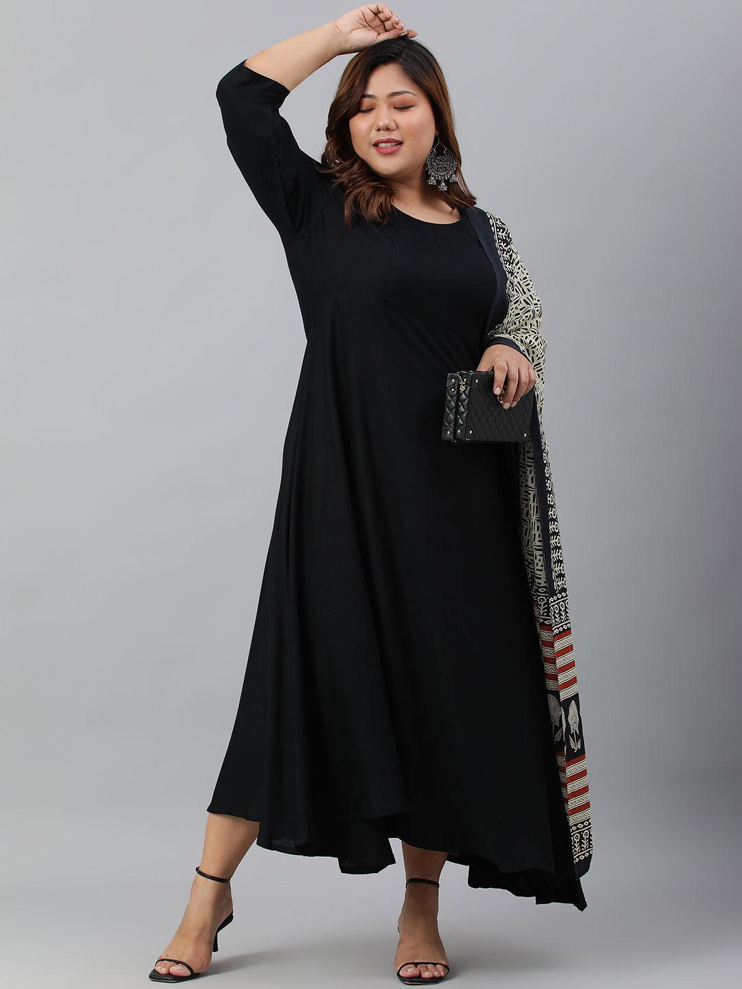 Plus Size Black Rayon Kurta With Dupatta