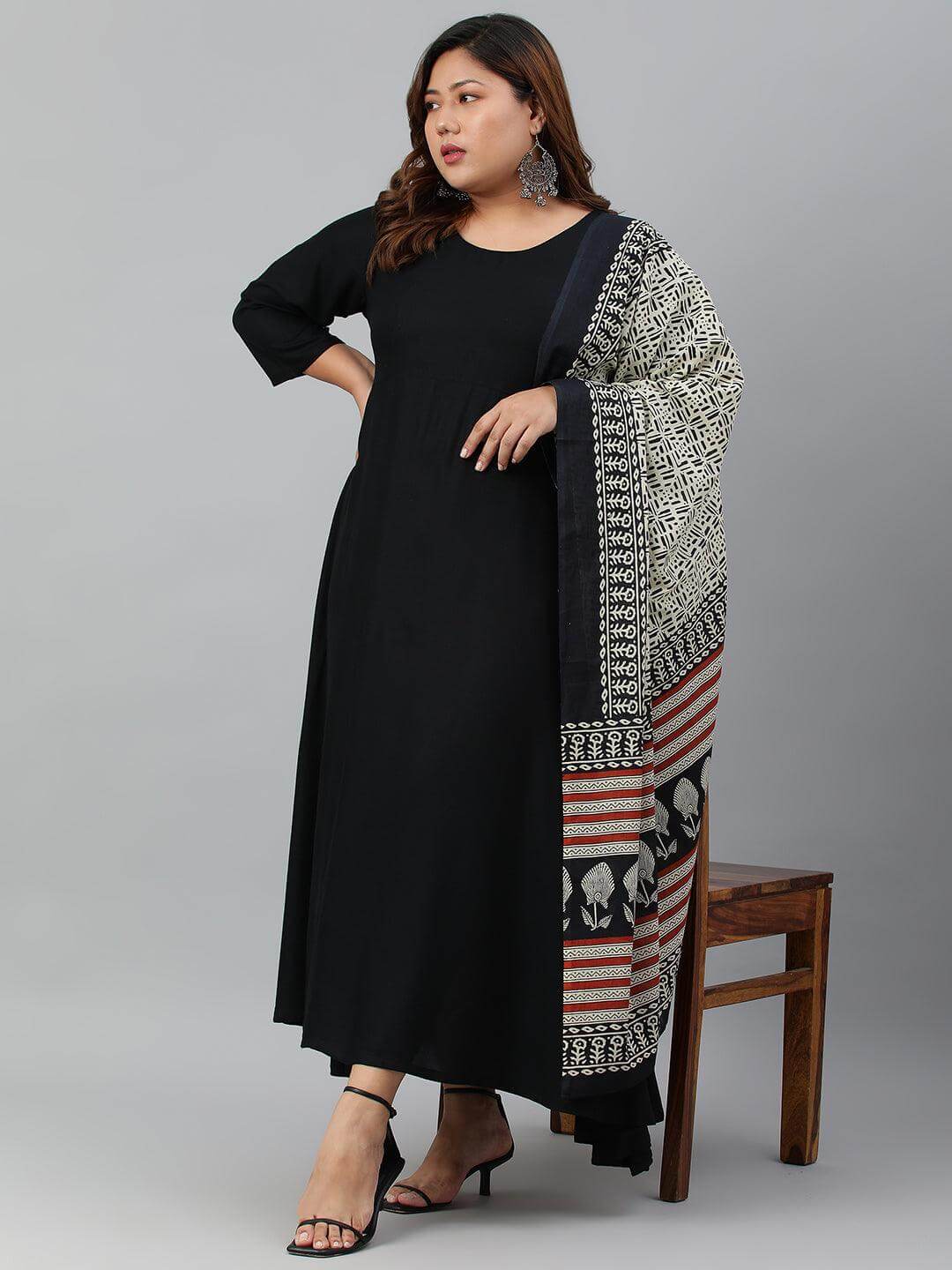 Plus Size Black Rayon Kurta With Dupatta