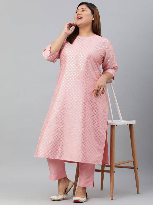 Plus Size Pink Poly Silk Kurta With Pant