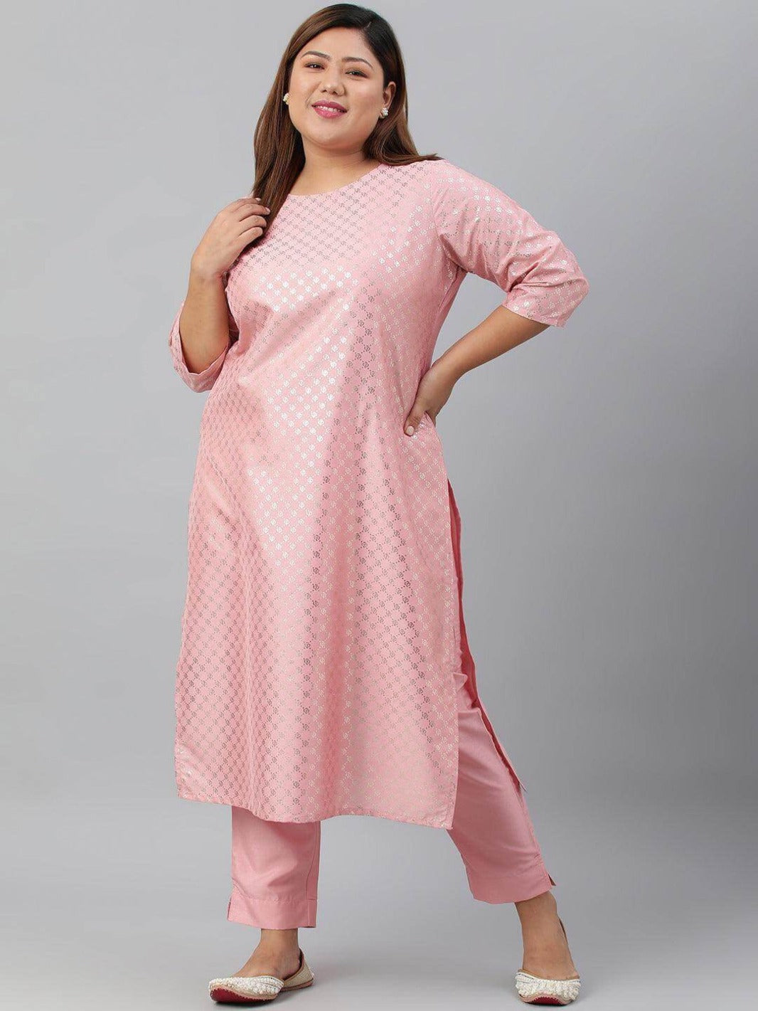 Plus Size Pink Poly Silk Kurta With Pant